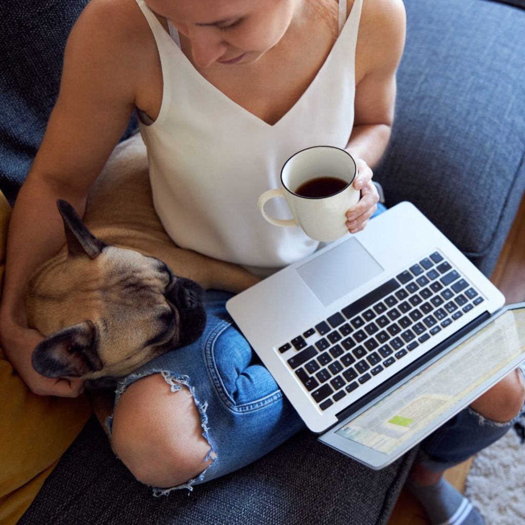 Woman holding coffee and working at a laptop with her french bulldog